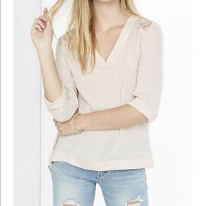 Pale Pink- Yoke Lace V-neck Blouse- Sz. Medium